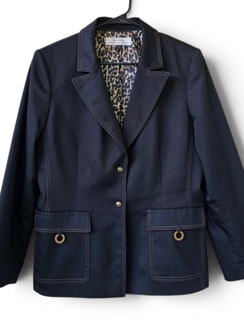 Tahari Dark Wash Denim Blazer Leopard Lined Womens 2 Button Front Size 14